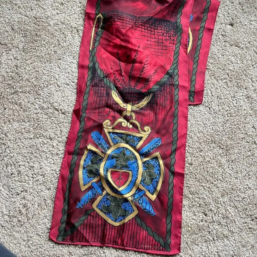 VTG Silk Scarf Elaine Gold Crest Shield Red Gold Equestrian Wrap 50